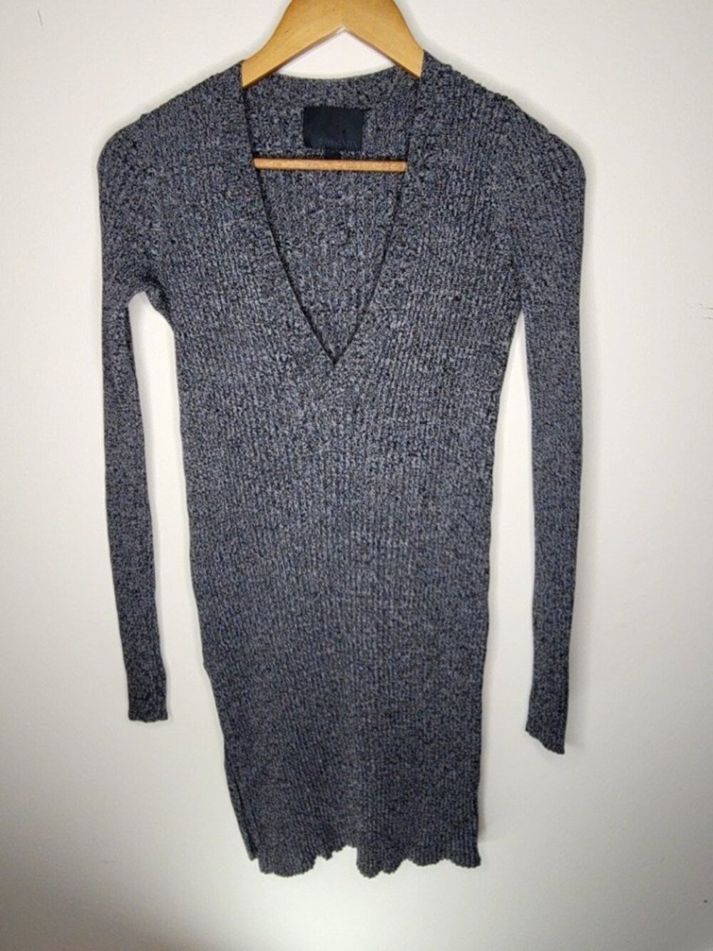 INTERMIX Ribbed Knit Sweater Dress — Grey, Petite | V-Neck Bodycon Mini
